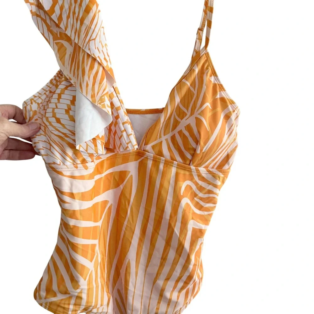 Florentine Swimsuit Set Womens L Orange New Palm Leaf Ruffle One Piece Sarong